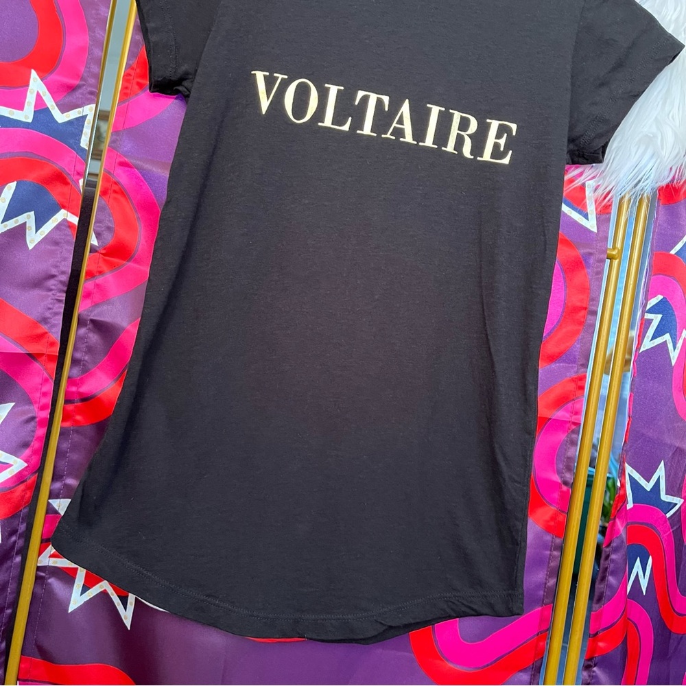 Zadig and Voltaire Skinny Logo Metallic TShirt Gold Black Short Sleeve SHTS1810F - Picture 6 of 13
